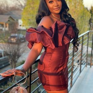 RAISIN SATIN RUFFLE STRAPLESS DRESS